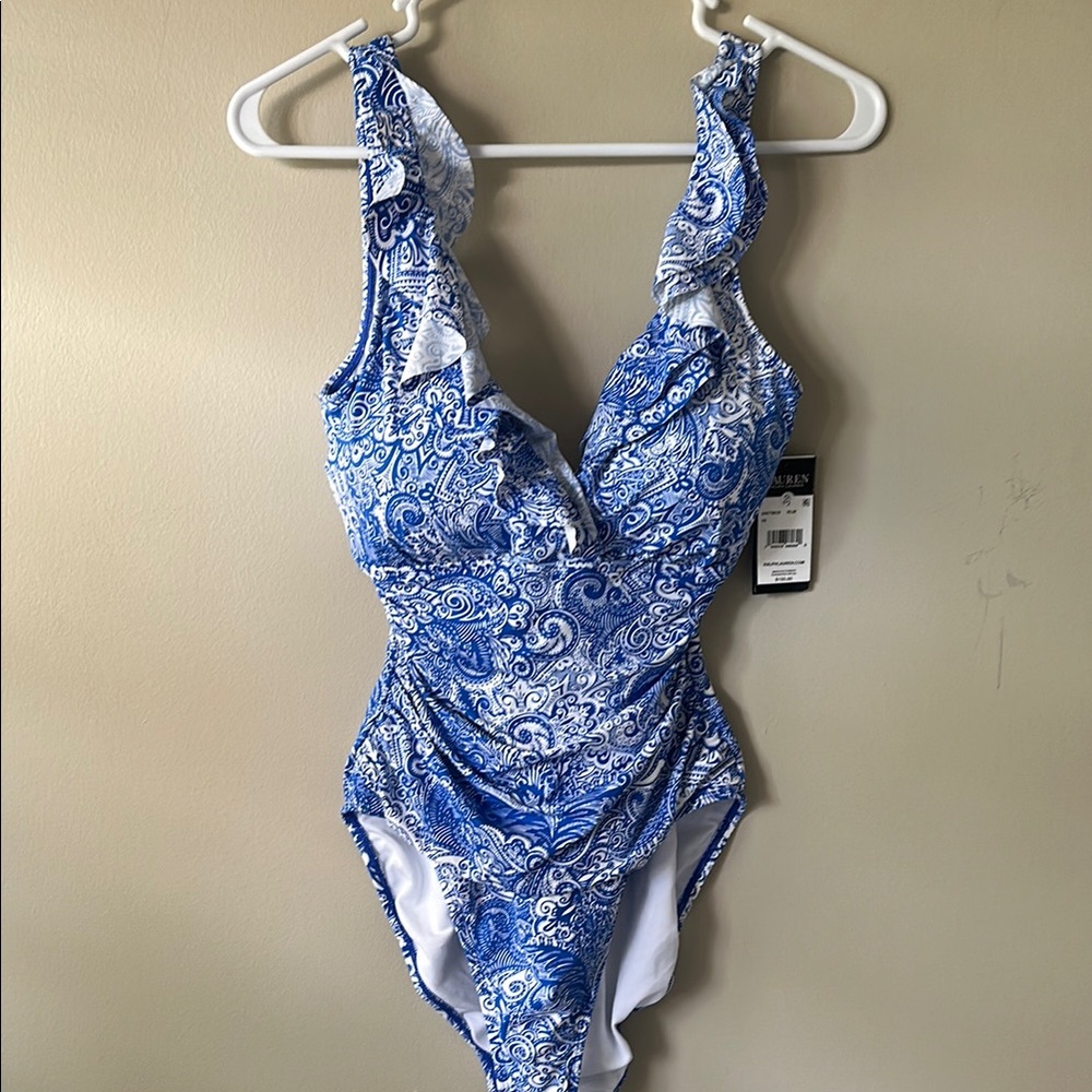 Lauren Ralph Lauren Blue and White Paisley One Piece Swimsuit